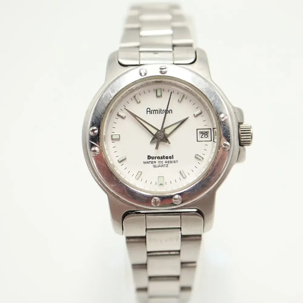 Armitron Silver Tone Durasteel Womens 28mm Watch Date Bracelet w New Battery